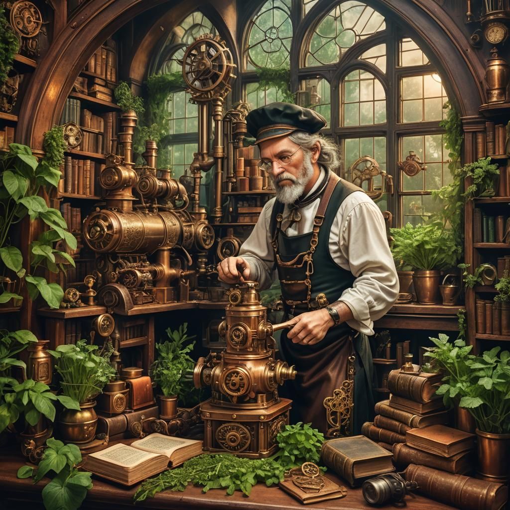 Steampunk Cook with Victorian Engine and Herbs