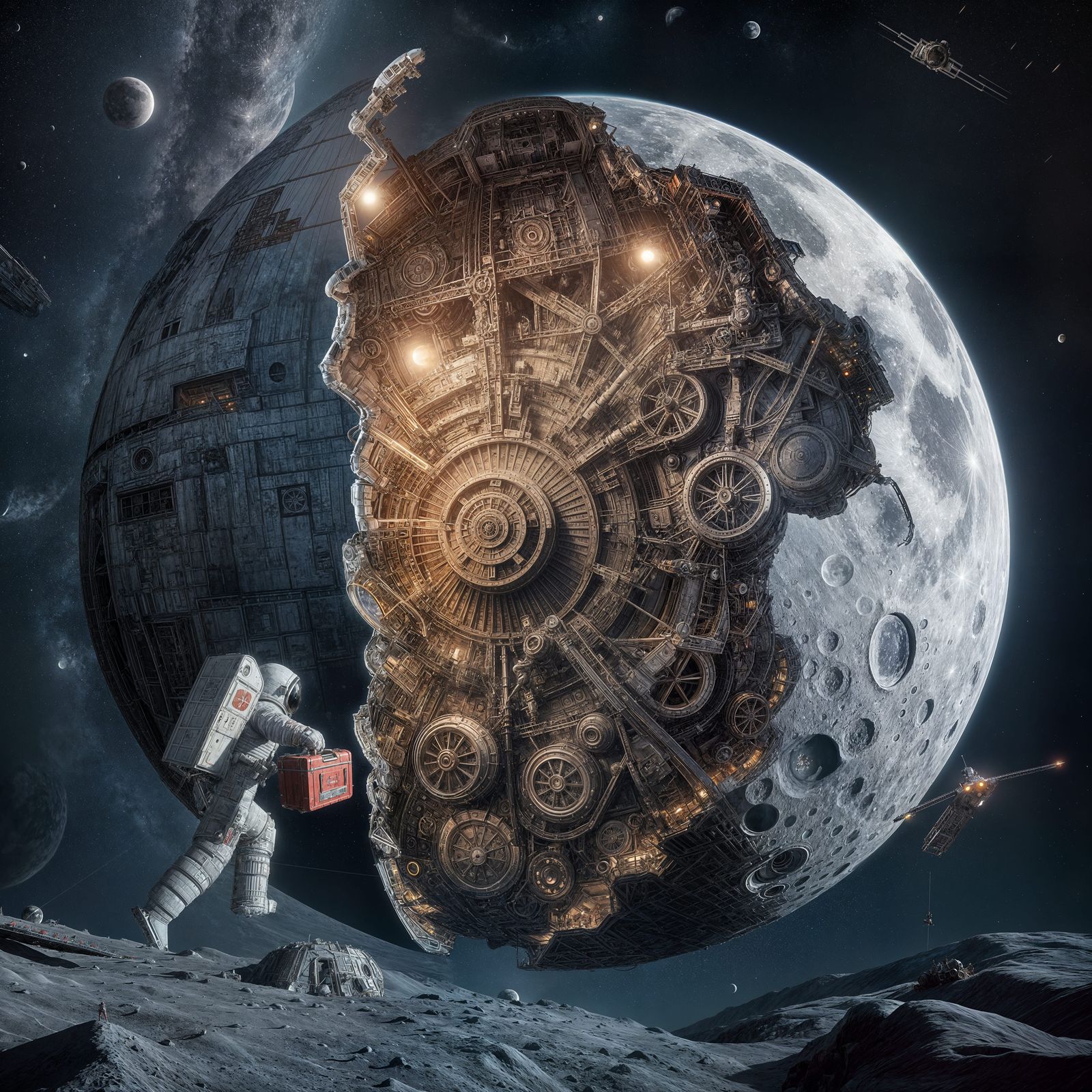 Astronaut Repairs Moon Revealing Mechanical Interior