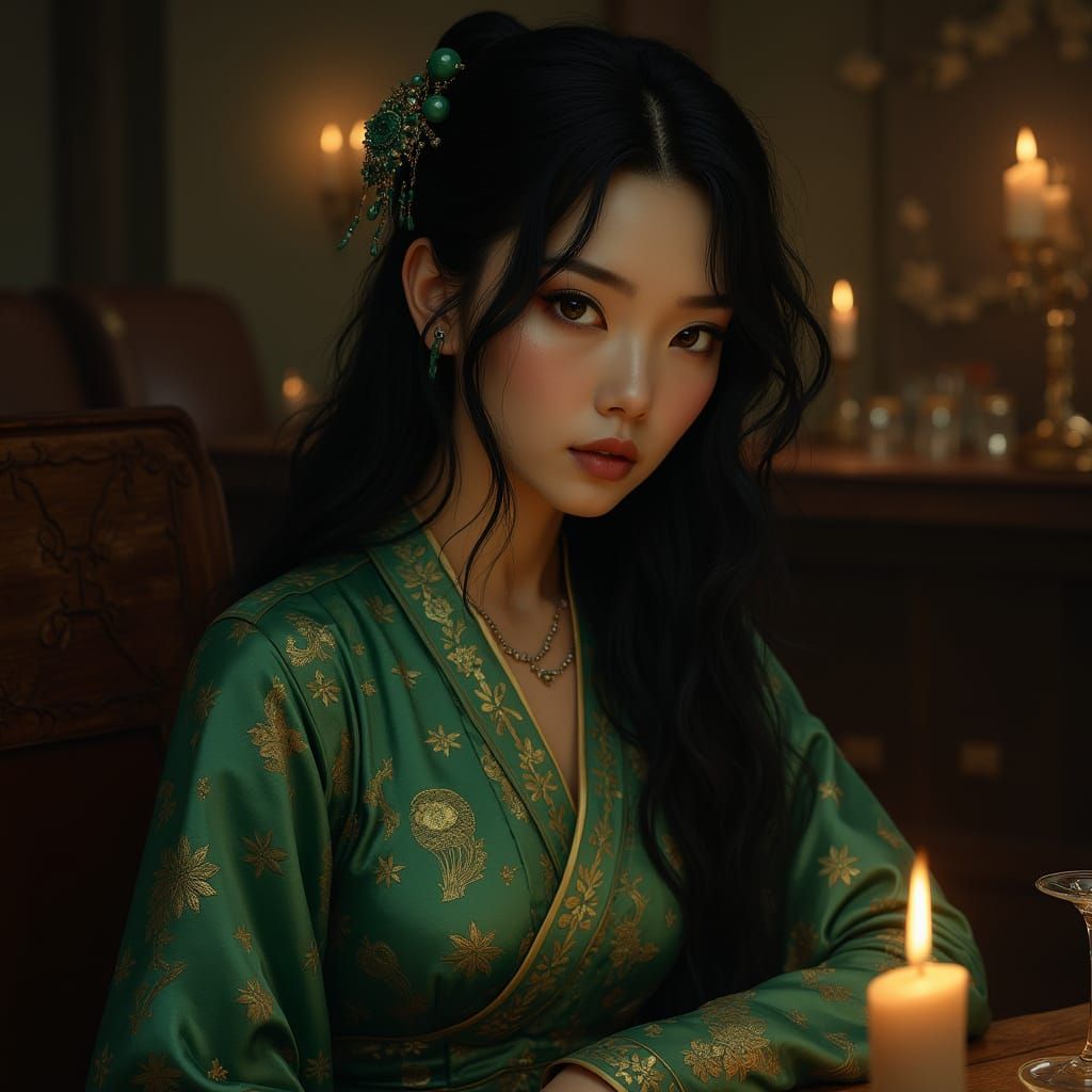 Elegant Yuan-Ti Noblewoman in Dimly Lit Tavern