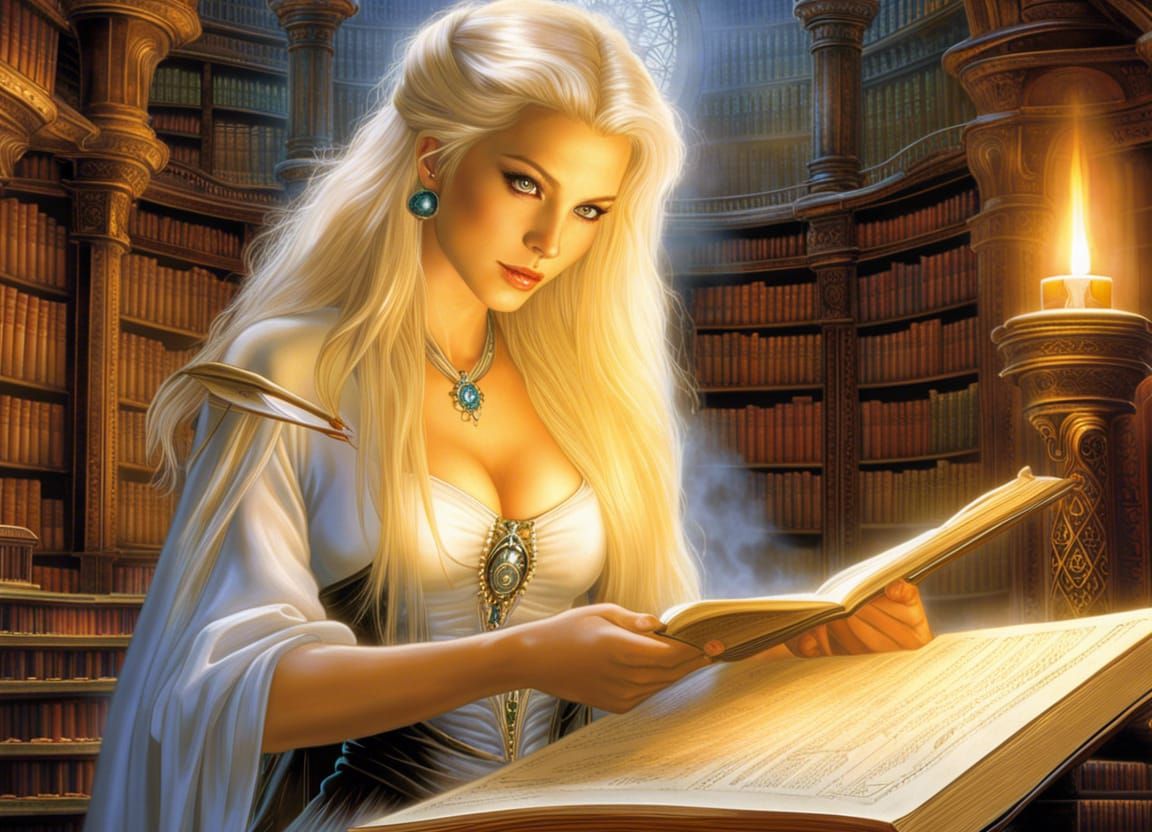 Blond Witch Studying Magic in a Library
