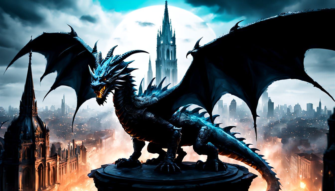 Chrome Dragon Perched Above Cyberpunk City