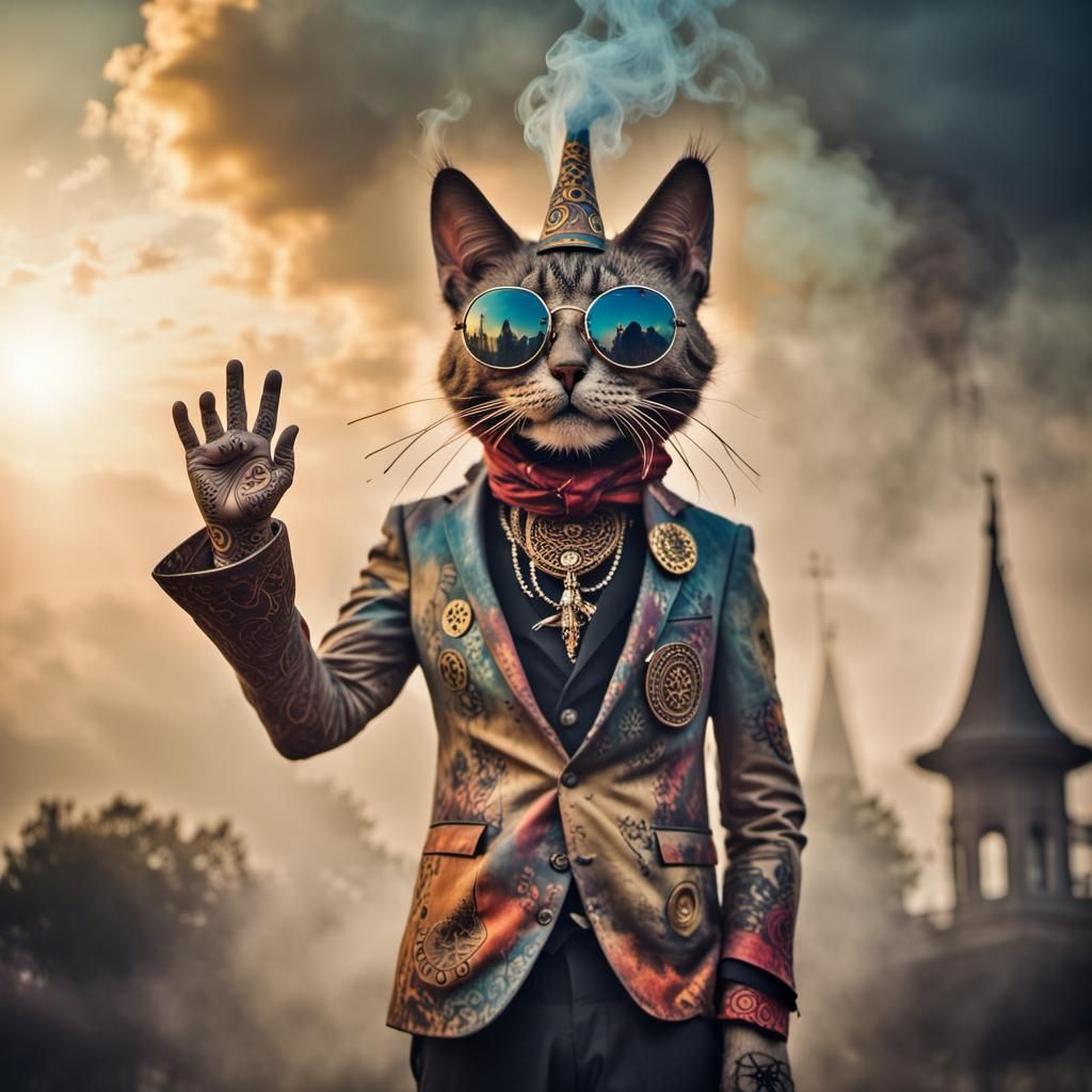 Giant Gothic Cat Voodoo Scarecrow in Psychedelic Art