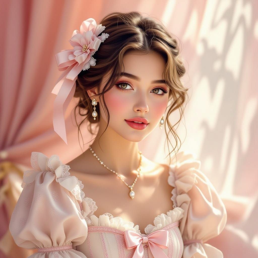 Coquette Aesthetic Portrait in Whimsical Illustrative Style