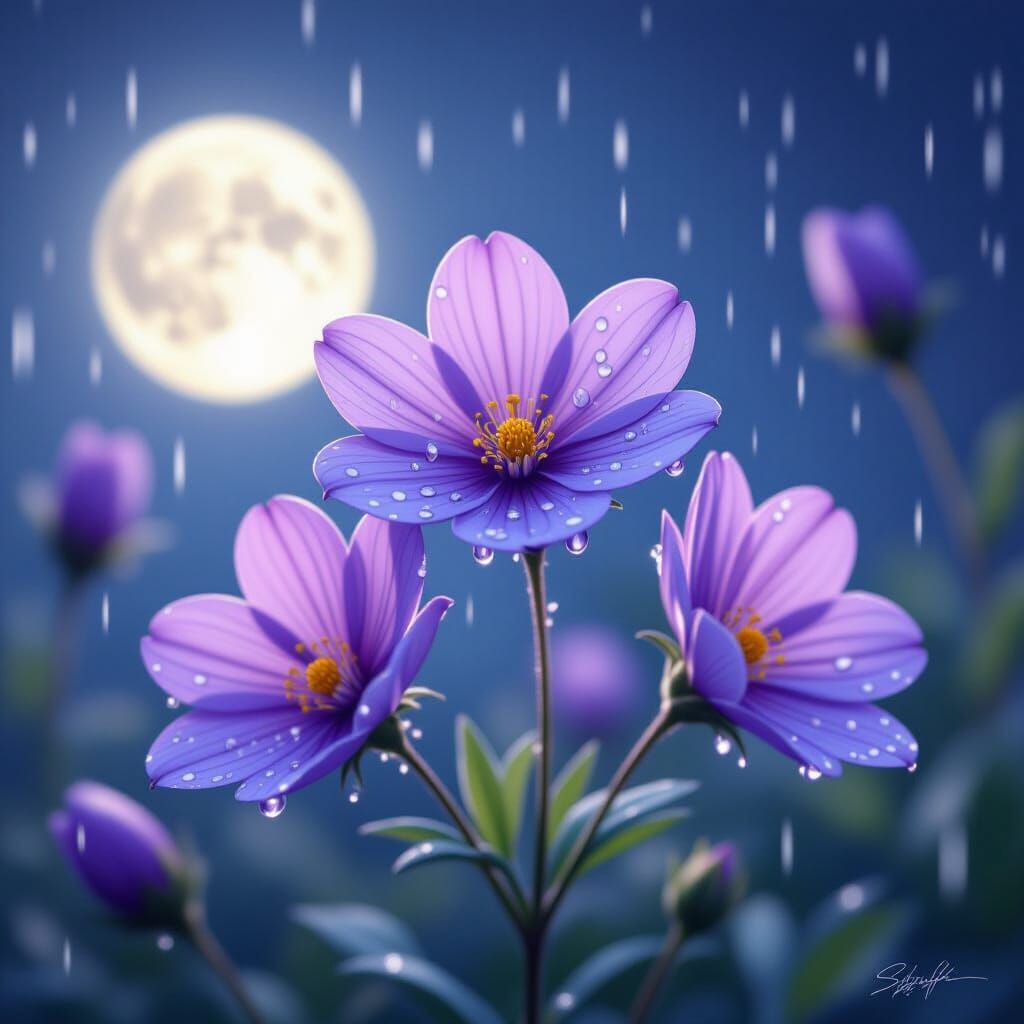 Purple Amapolas with Silver Raindrops in Moonshine