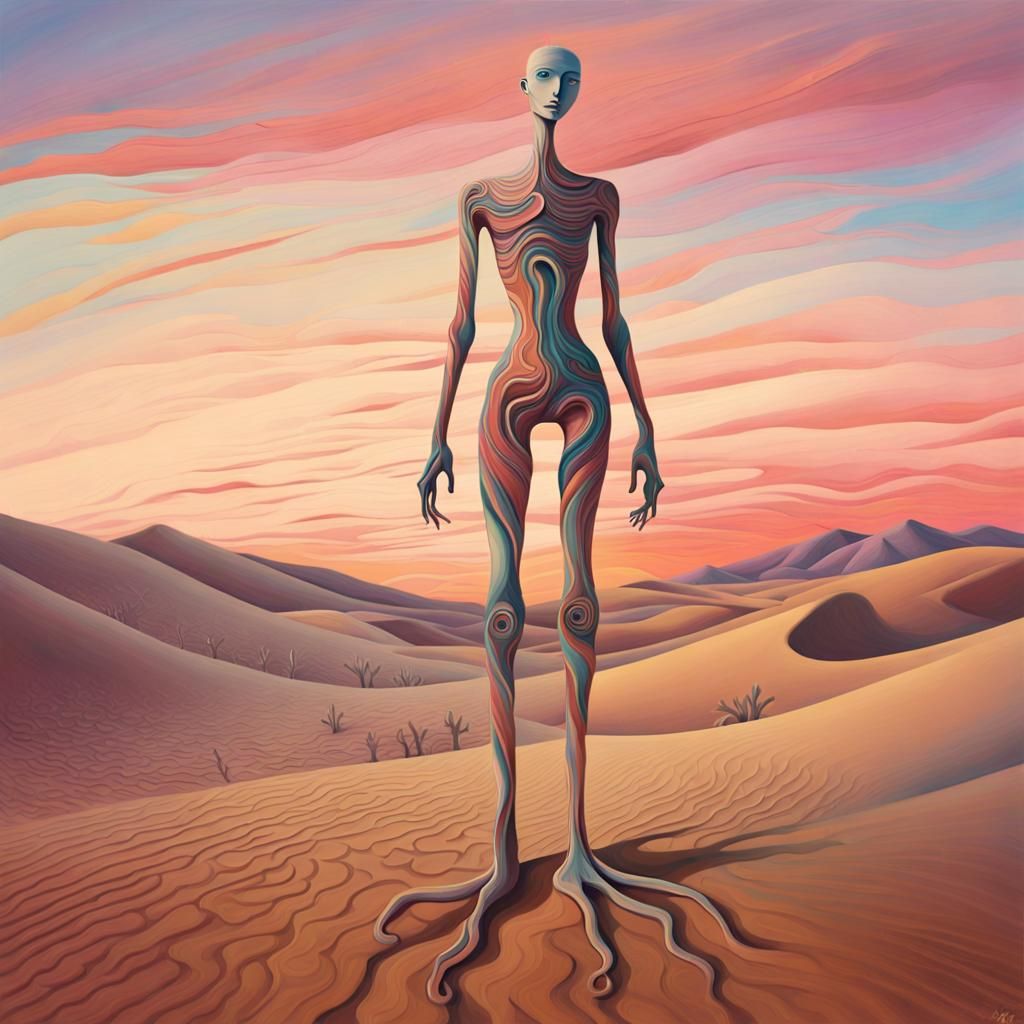 Surreal Figure in Desert Landscape, Oil Painting