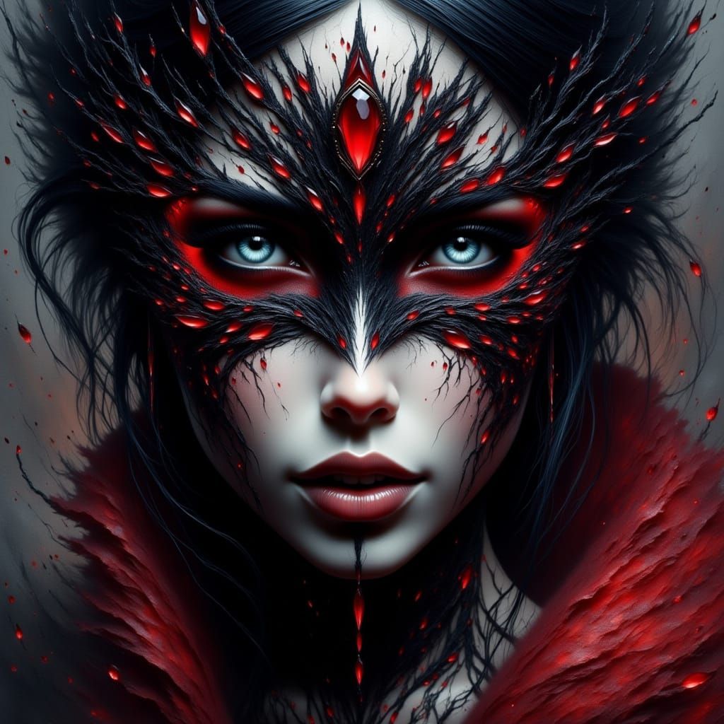 Dark Watercolor Portrait of a Gem-Masked Woman