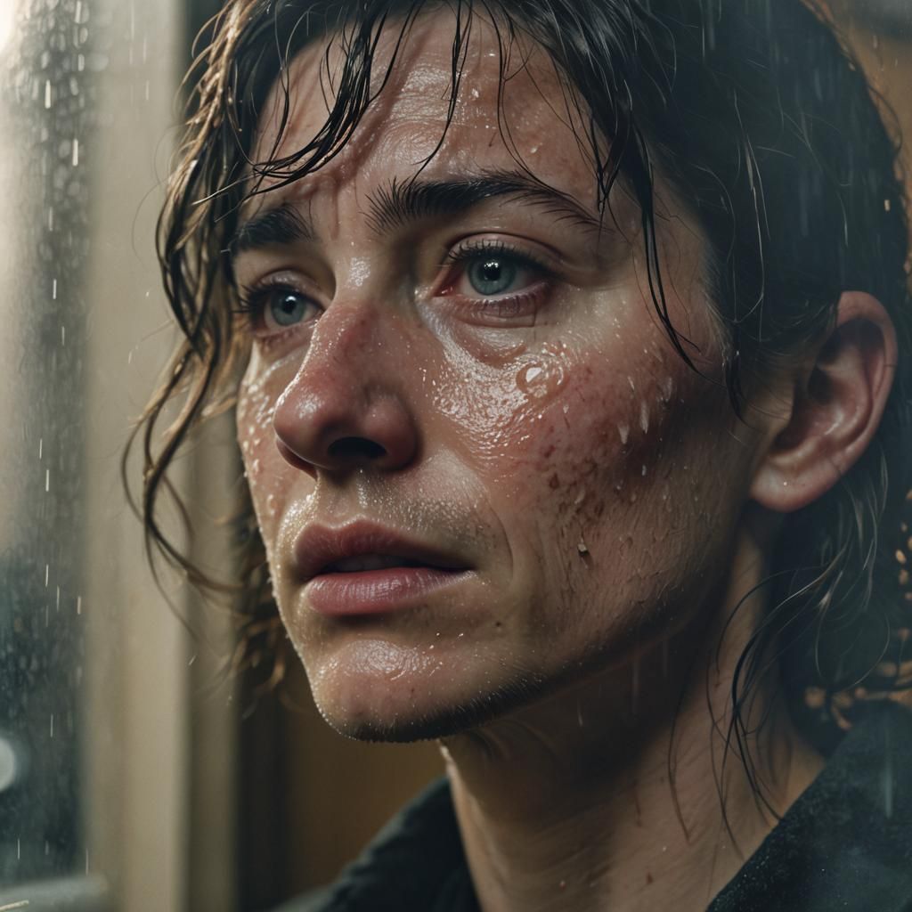 Close-up of a Sad Person in a Dimly Lit Room