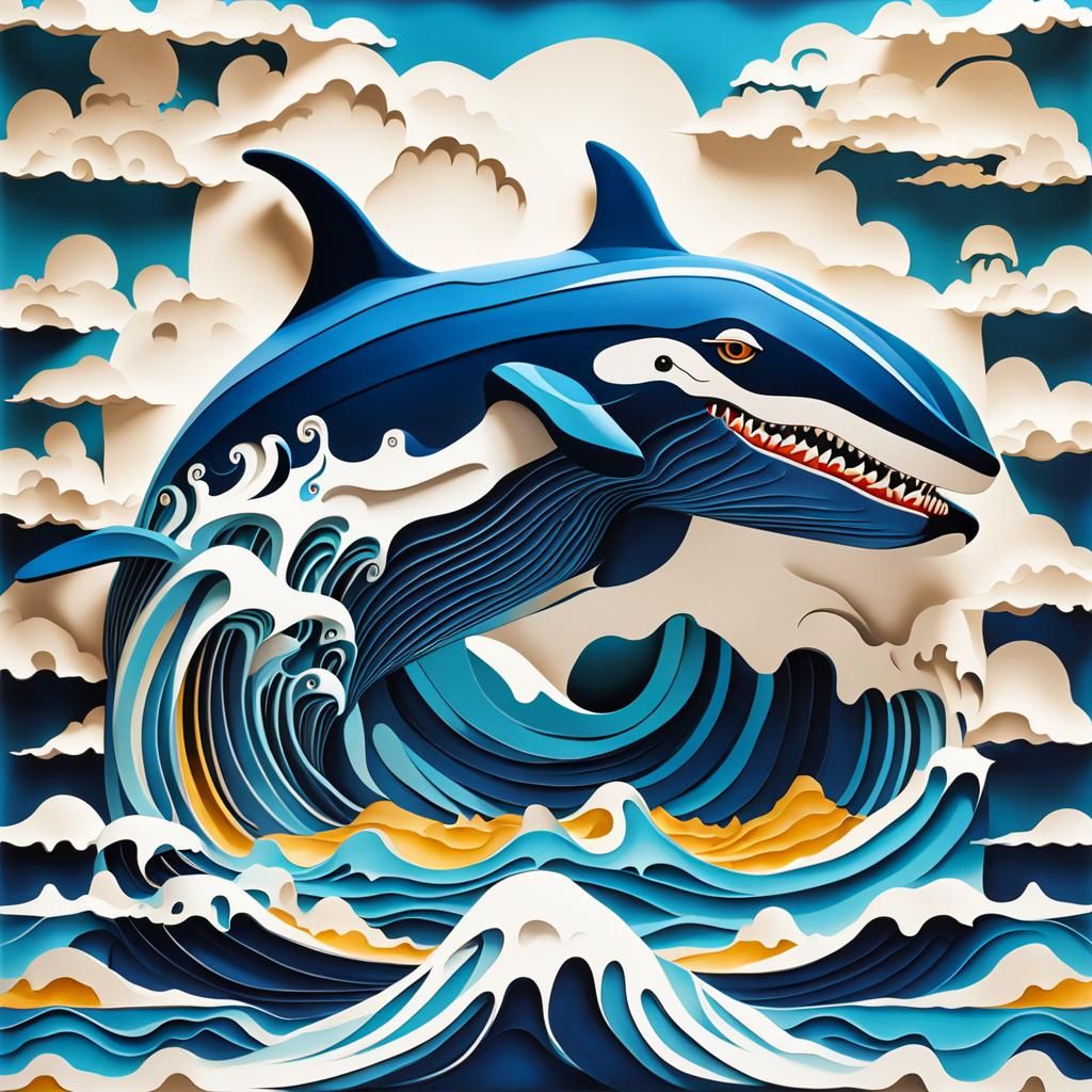 Surreal Kirigami Killer Whale on Tidal Wave