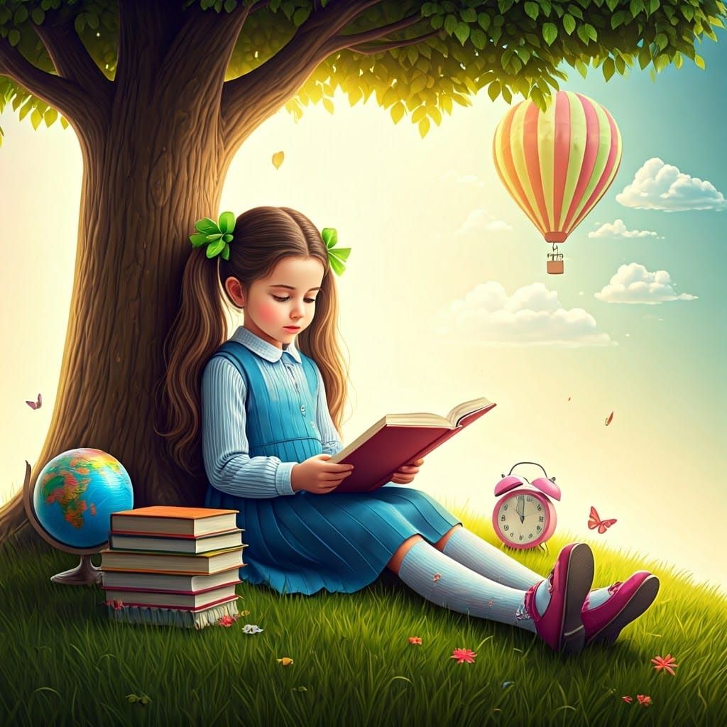 Girl Reading Under Tree in Pixar-Style 3D Scene