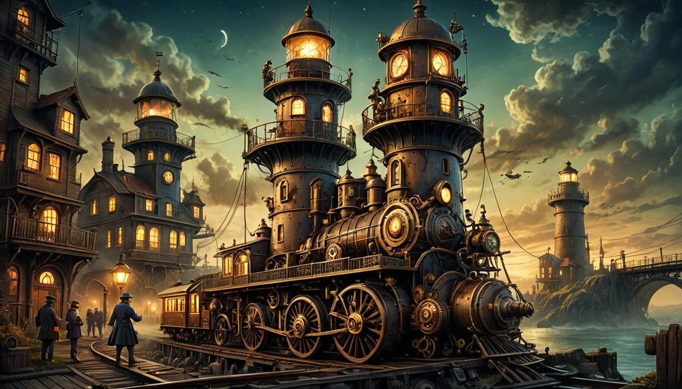Steampunk Railway and Lighthouse at Night