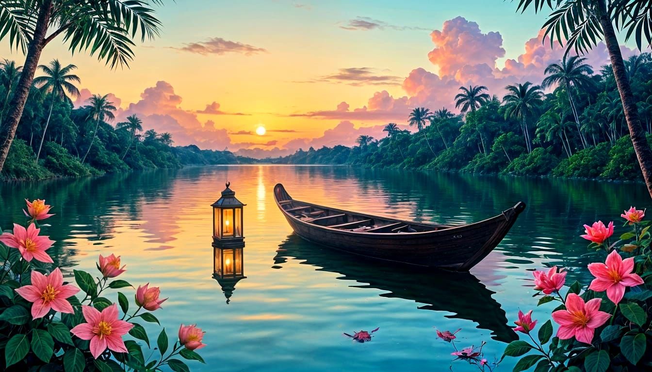 Amazon River Night with Floating Lantern and Blossoms