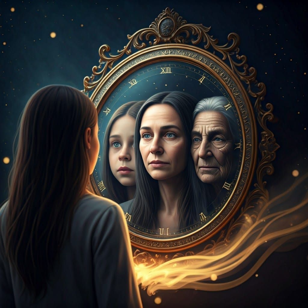 Surreal Scene of Woman at Different Ages in an Ancient Mirro...