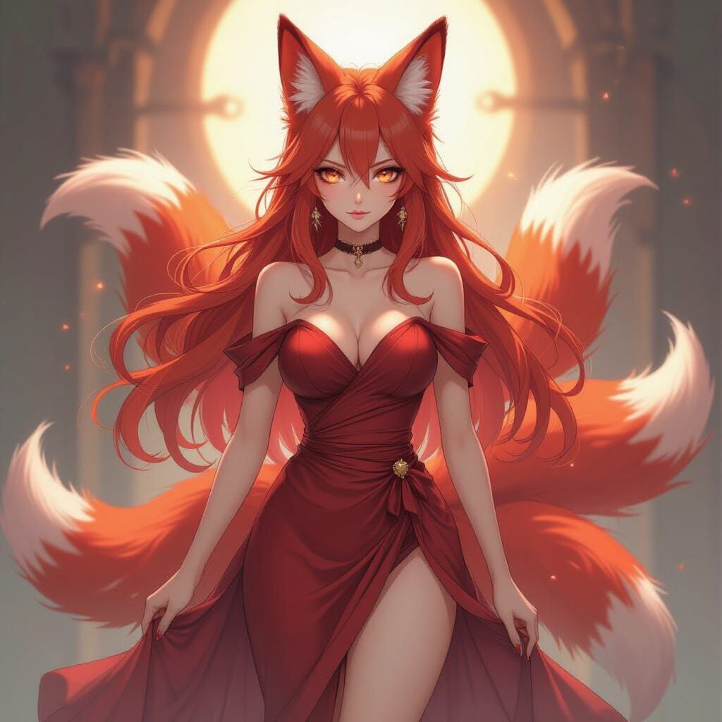 Anime Nine-Tailed Fox Woman in Elegant Dress