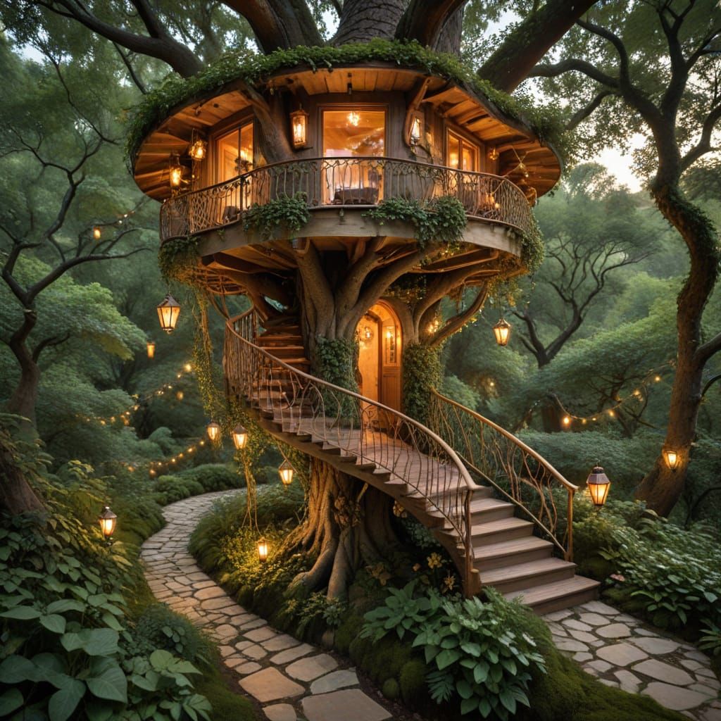 Whimsical Treehouse Sanctuary in Moss-Covered Oak Canopy