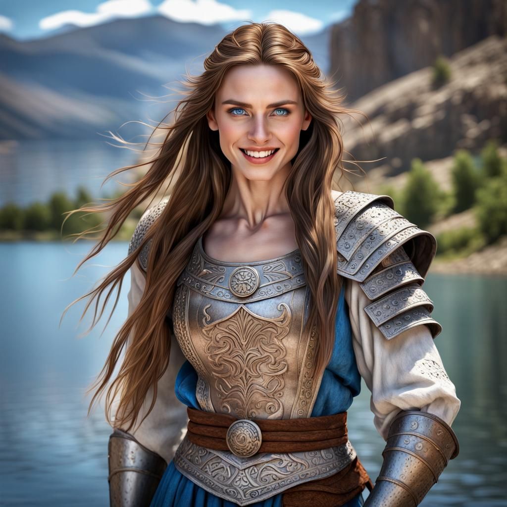 Hyperrealistic Gladiator Woman with Mountain Backdrop