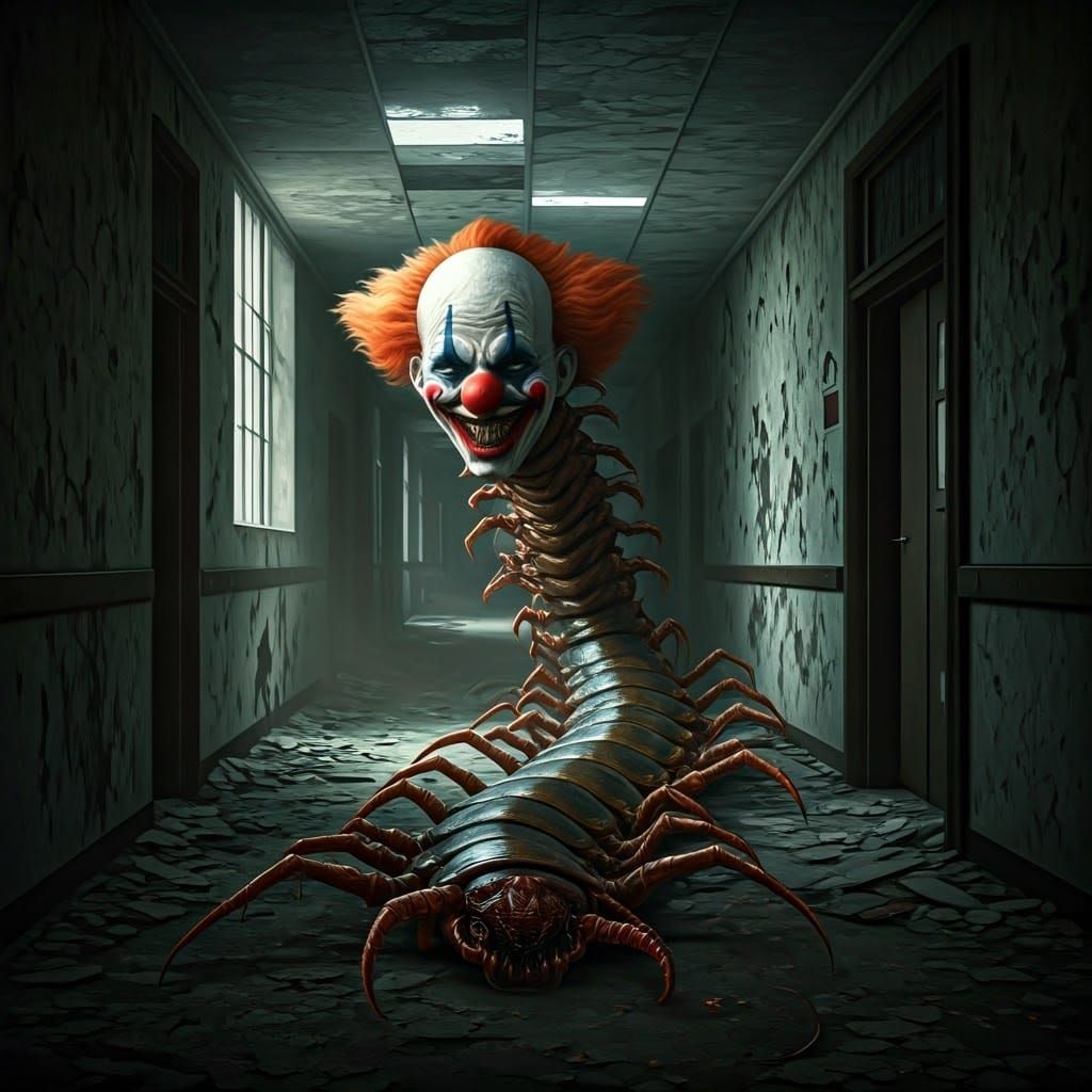 Grotesque Clown Centipede in Ruined Hospital