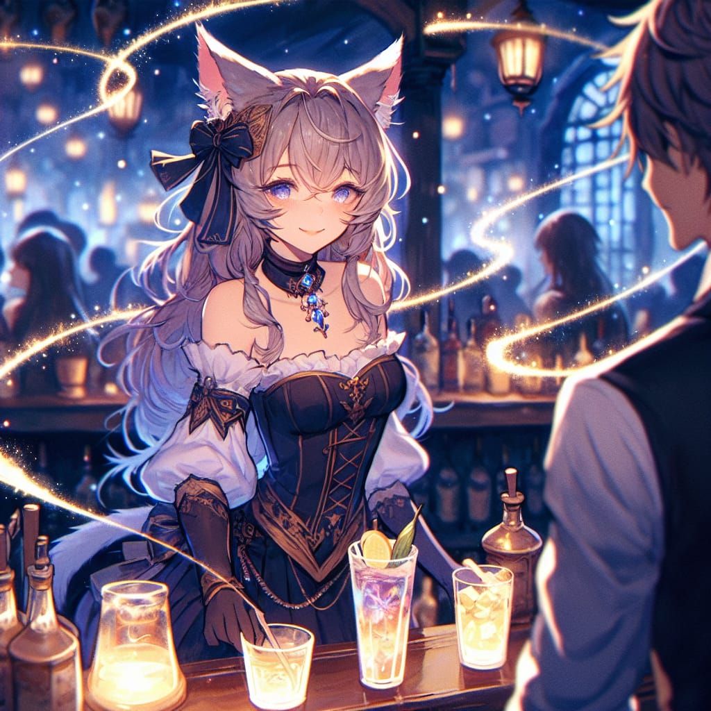 Anime Cat-Human Bartender in Magical Tavern