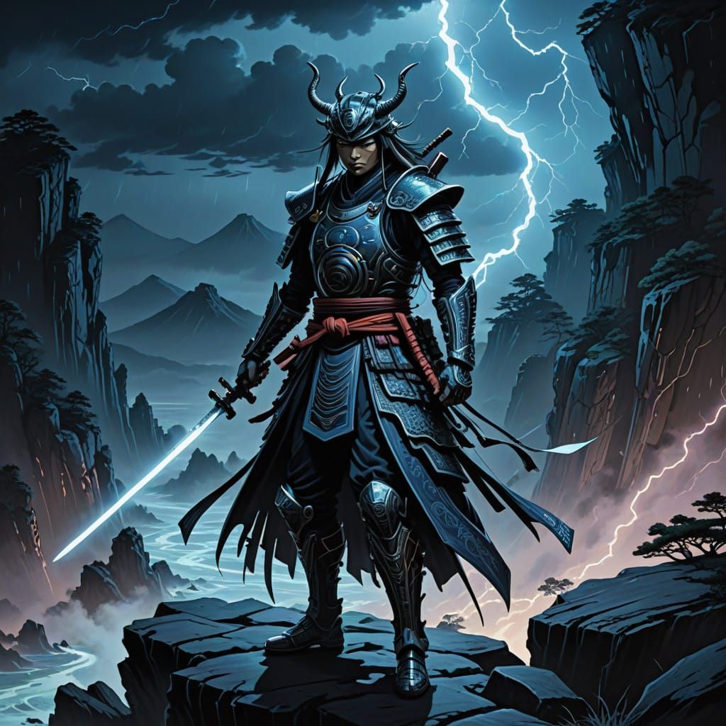 Dark Cyberpunk Samurai in Ukiyo-E Style