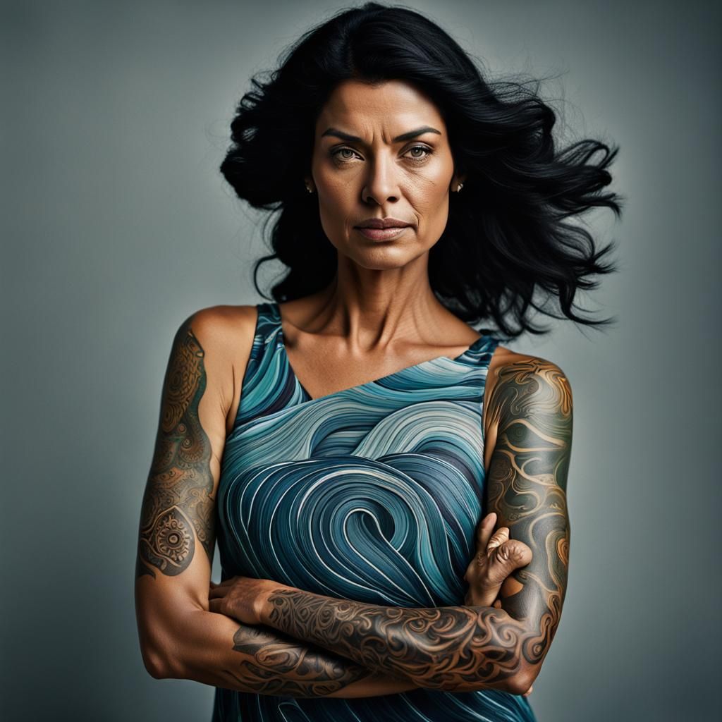 Tattooed Woman in Summer Dress, Photorealistic Portrait