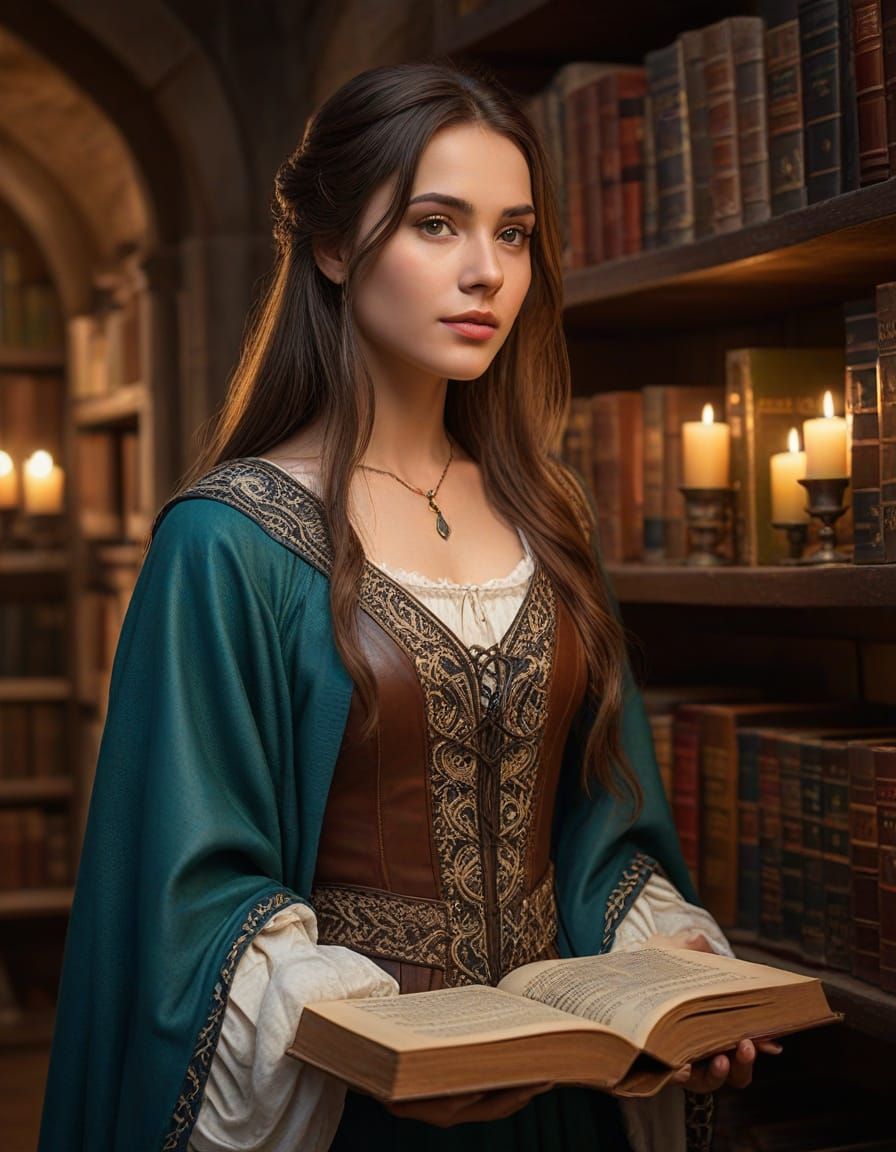 Medieval Maiden in Mystical Castle Library