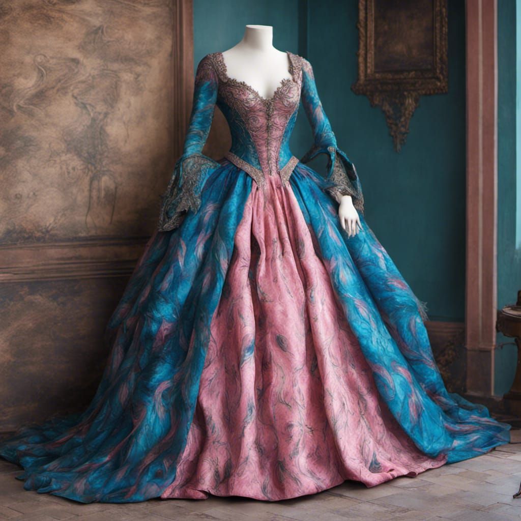 Medieval Peacock Feather Dress on Dress Form