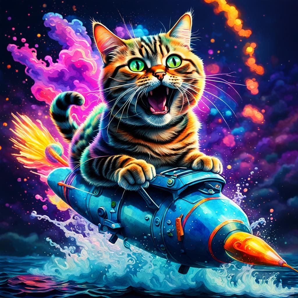 Neon Cat Rides Nuke in Abstract Watercolour