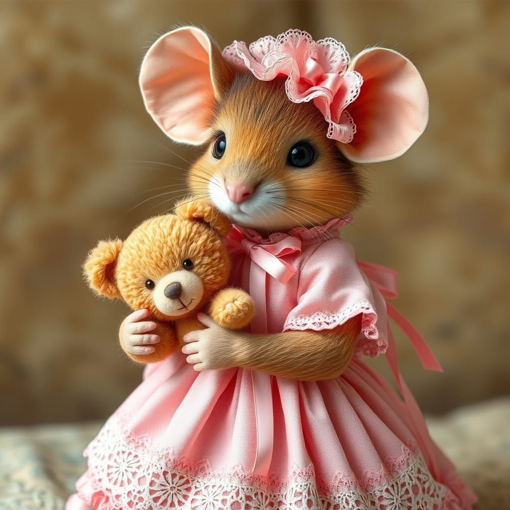 Whimsical Realistic Mouse in Pink Dress with Teddy Bear