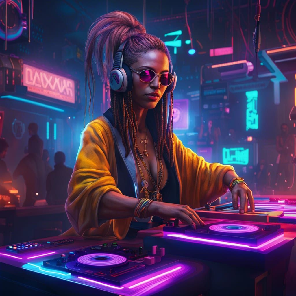 Psychedelic Hippie DJ in Cyberpunk Techno Club