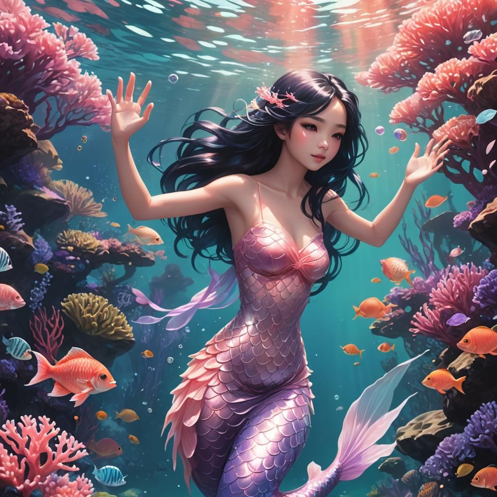 Asian Mermaid in Coral Reef, Digital Fantasy Art