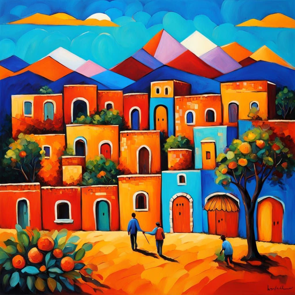 Mexican Village at Dusk Neo-Impressionist Oil Painting
