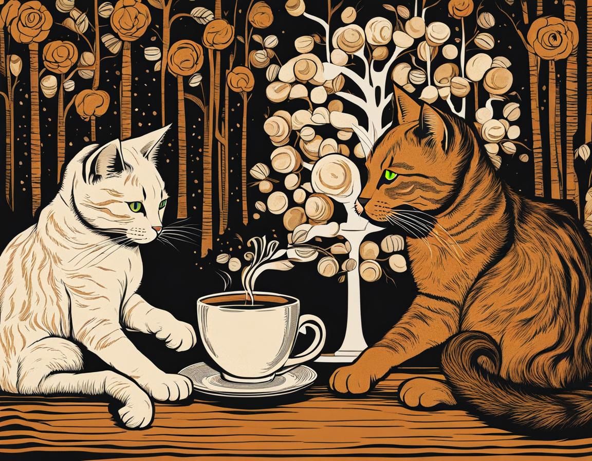 Cats Drinking Coffee in Brut Art Style