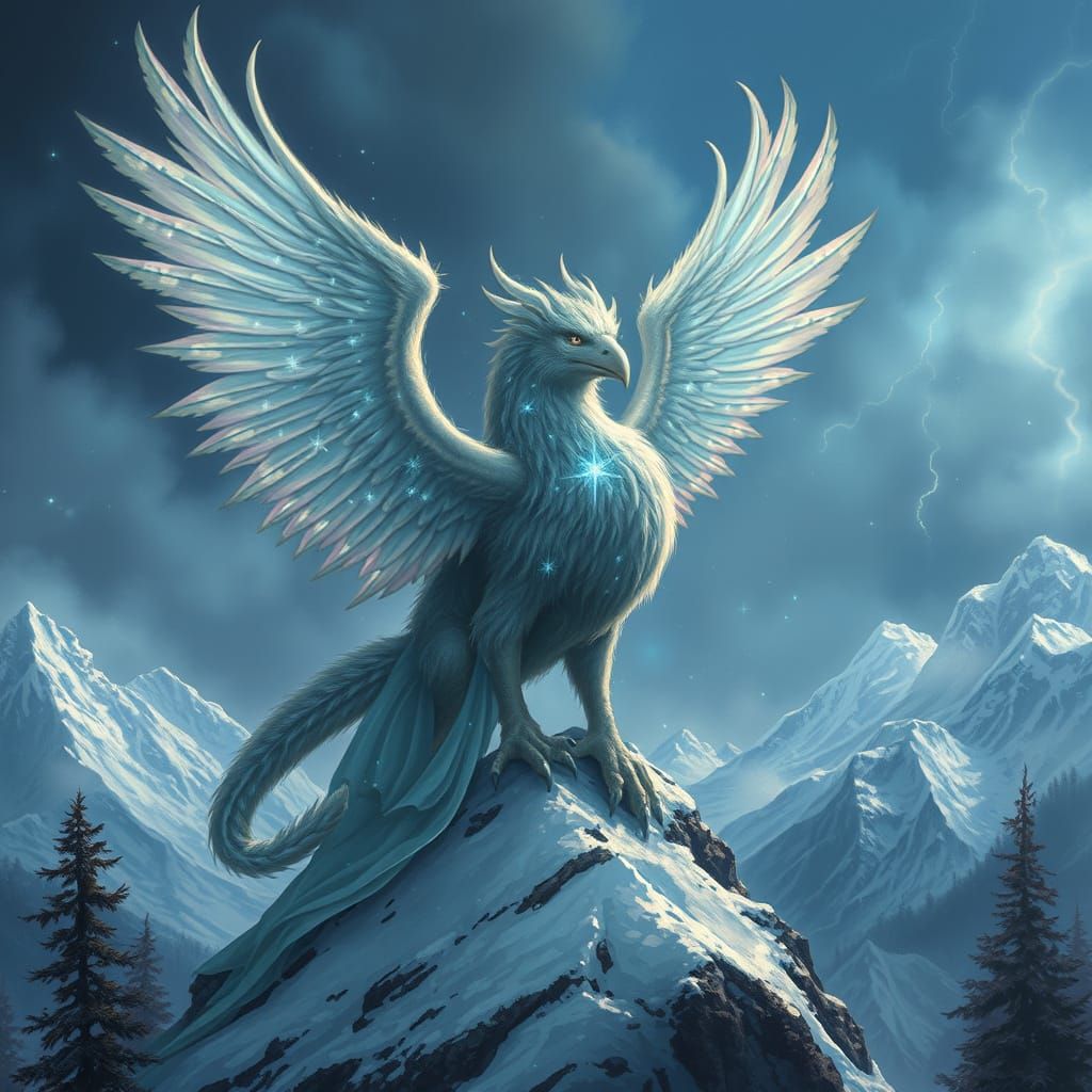 Starlight Griffin on Snow Peak: Digital Painting