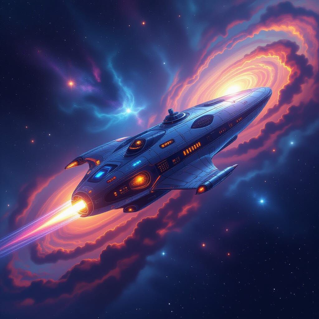 Majestic Spaceship Sails Galaxy in Holographic Illustration