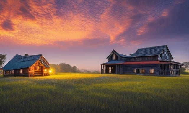 Whimsical Farmhouse at Sunset in Digital Painting Style