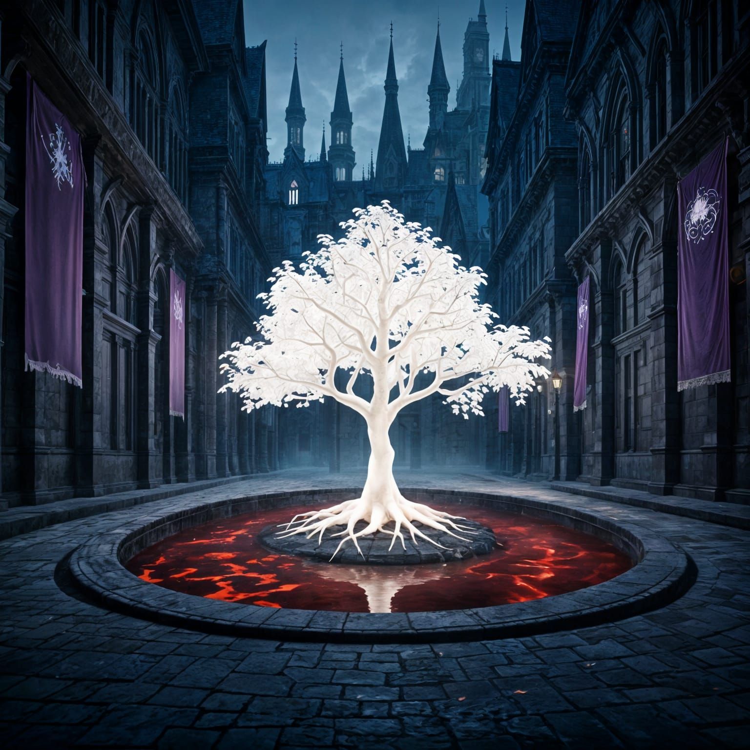 Gothic Dark Fantasy City Square with White Tree