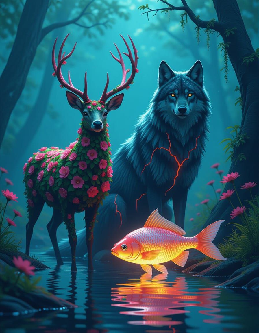 Floral Deer, Lava Wolf, and Glass Fish in Digital Art