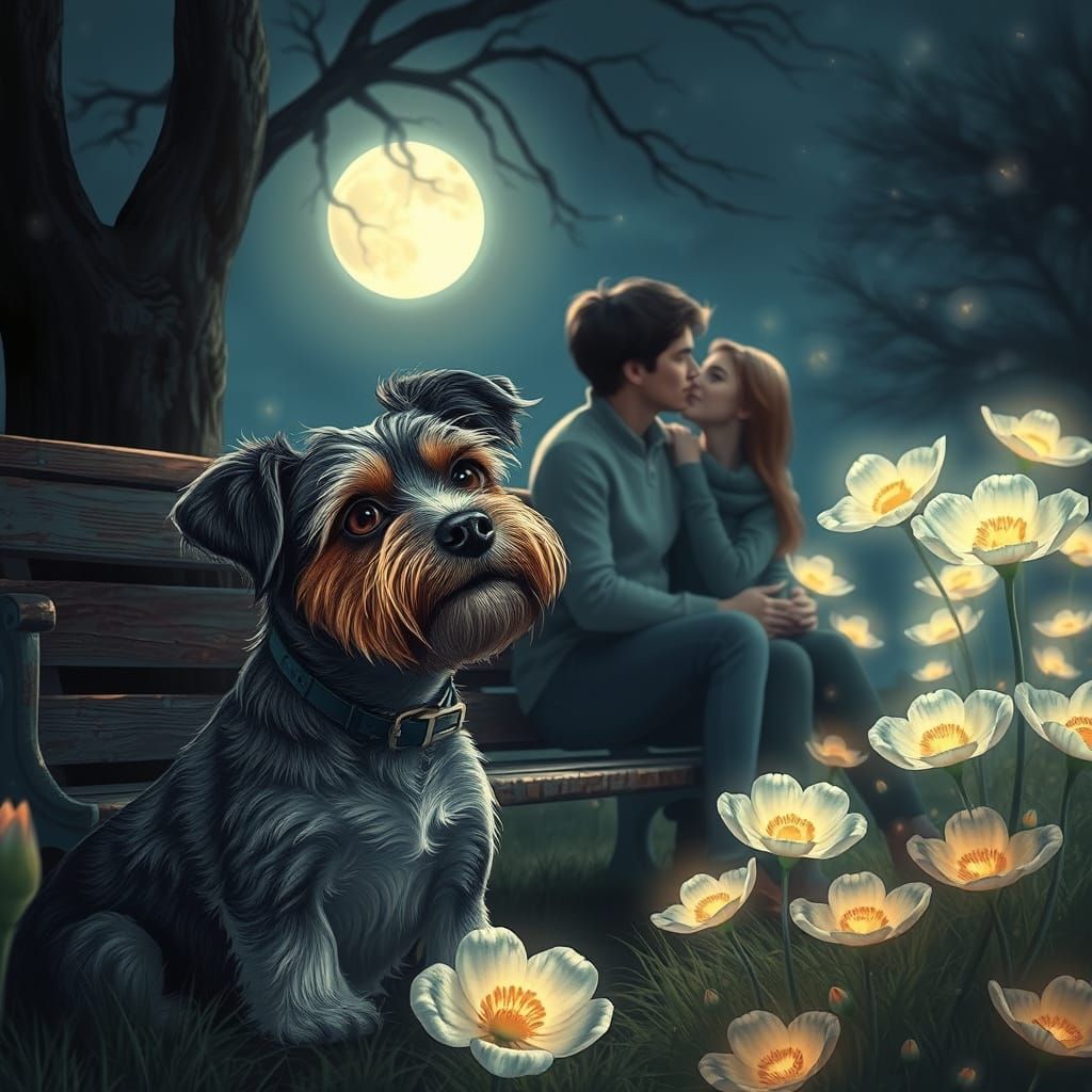 Surreal Moonlight Scene: Dog Watches Couple on Bench