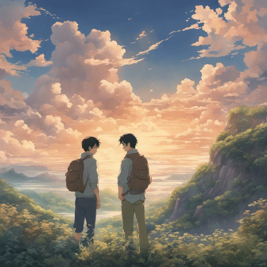 Asian Men Embrace in Ghibli-Style Fantasy World