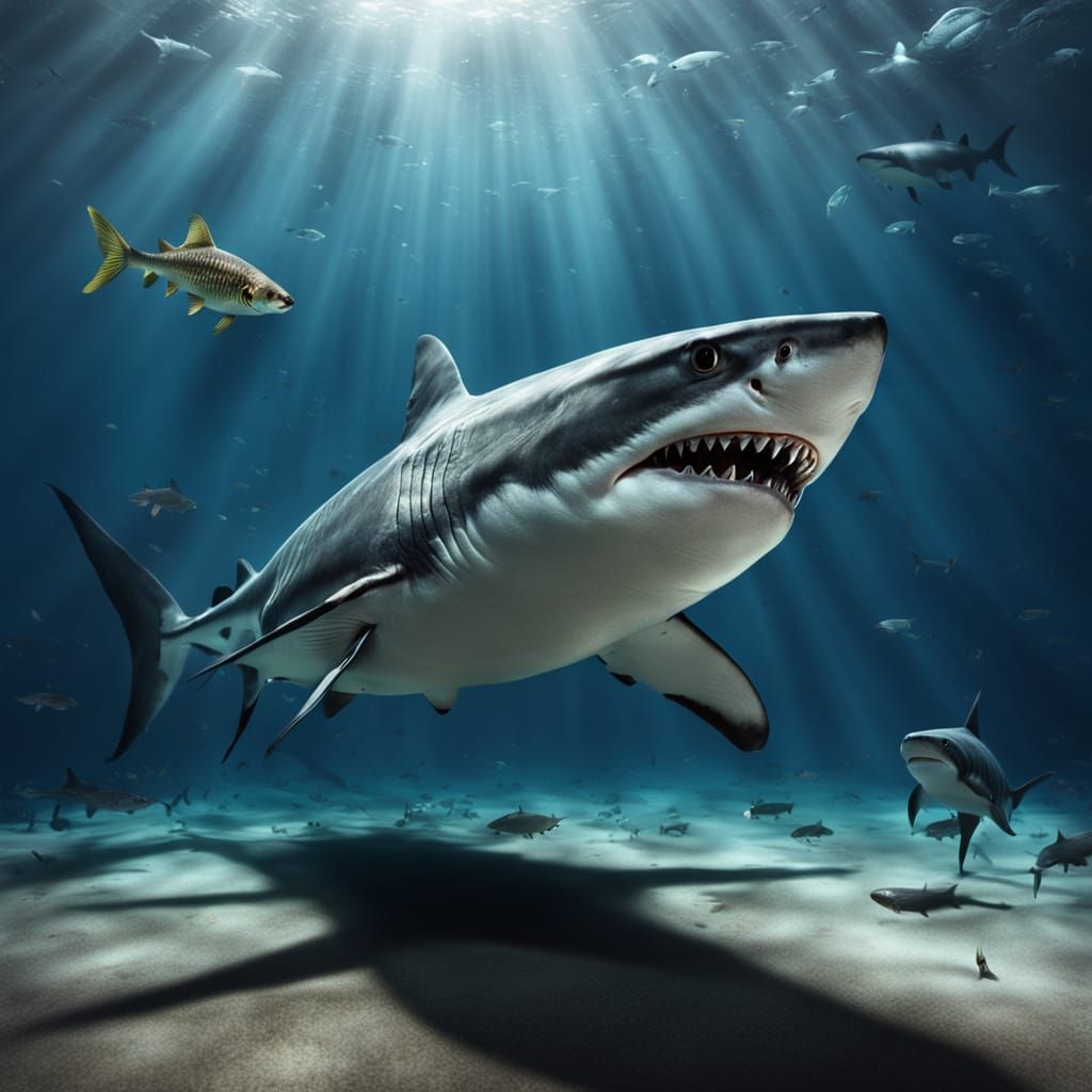 Tiny Fish Faces Giant Shark in Dramatic Underwater Scene