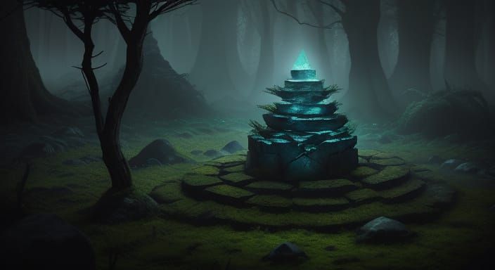 Mysterious Glowing Rune Stone in Dark Forest