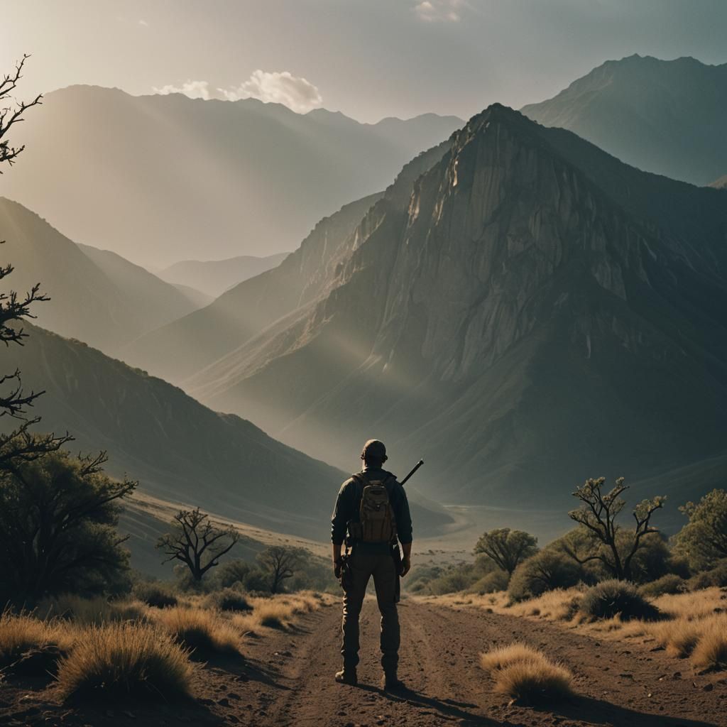 Cinematic Film Still of Man in Nature