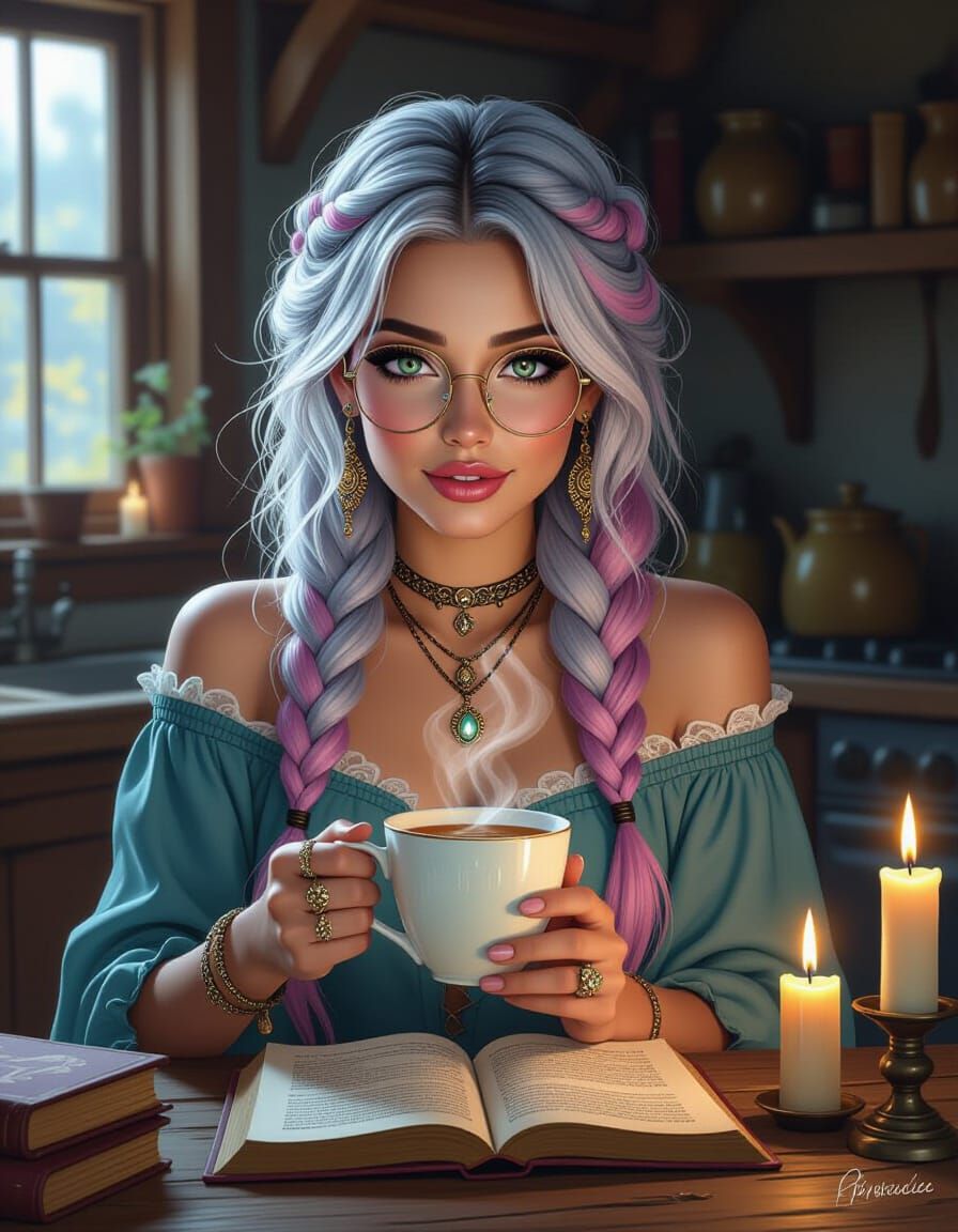 Happy Woman with Silver Hair and Boho Jewelry Holding Tea
