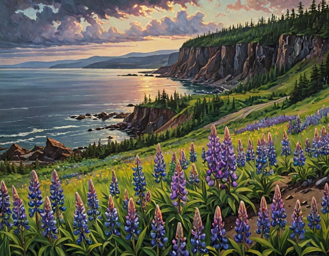 Wasteland Scavenger Amidst Lupine Fields: Oil Painting