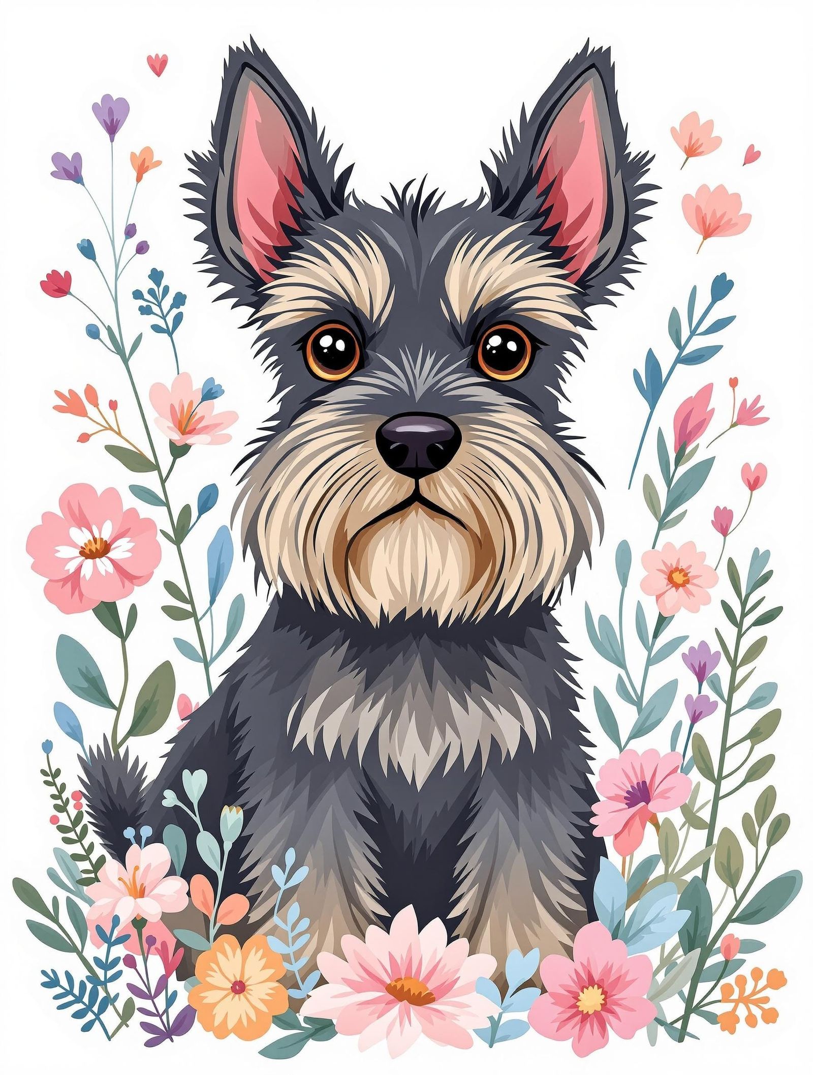 Cute Miniature Schnauzer in Whimsical Floral Wonderland
