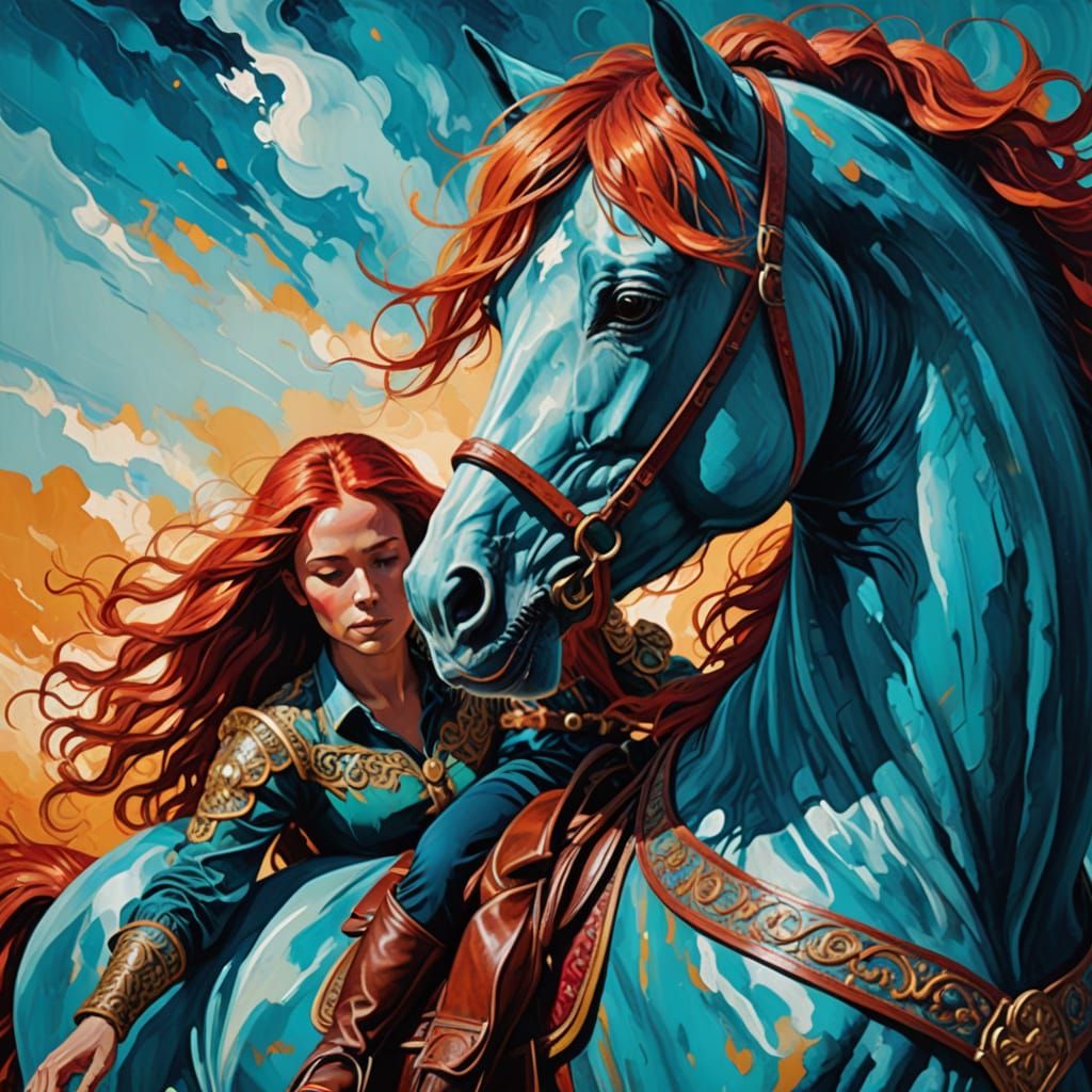 Ethereal Couple Rides Horse Through Celestial Skies in Abstr...