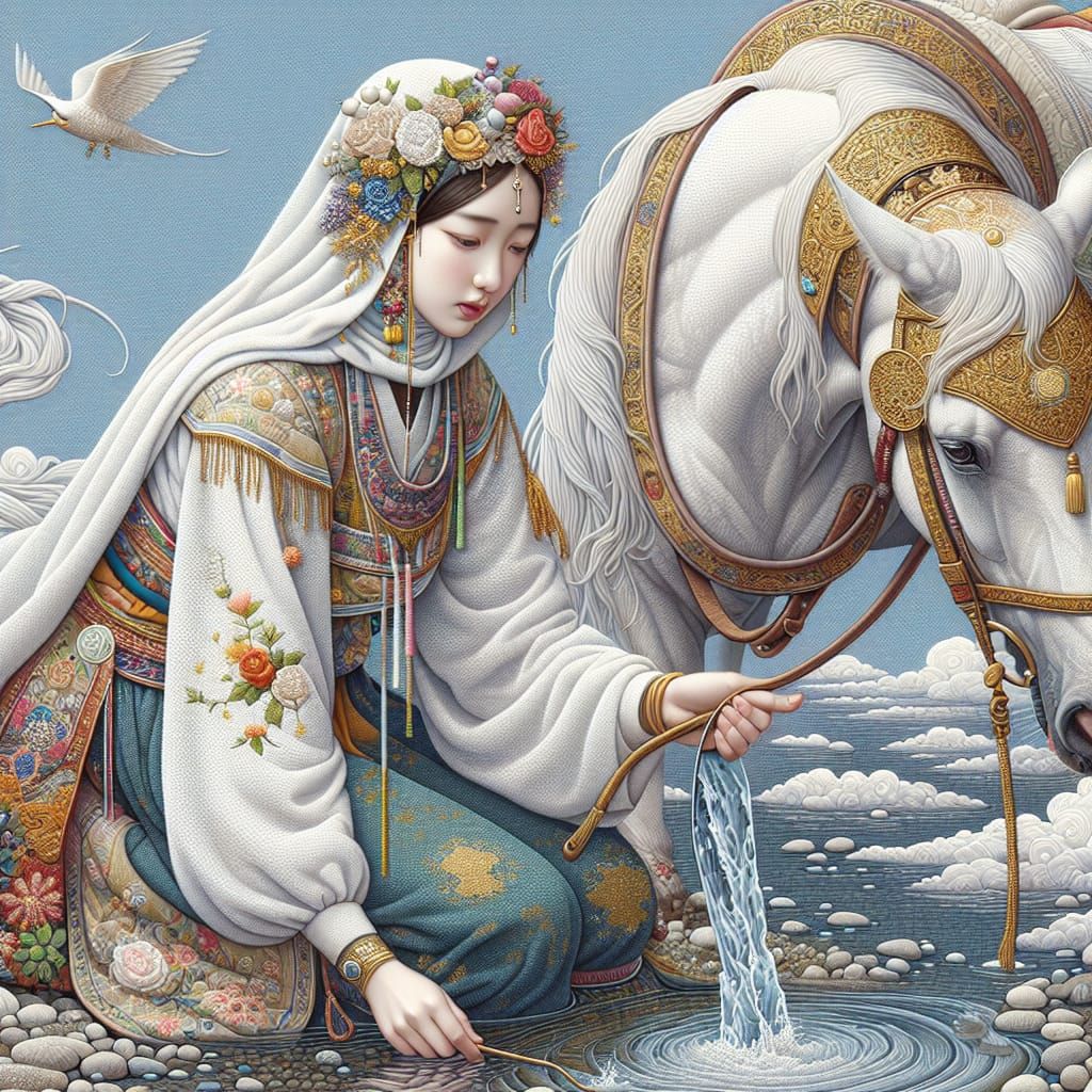 Cowgirl Gathering Water in Vibrant Digital Art