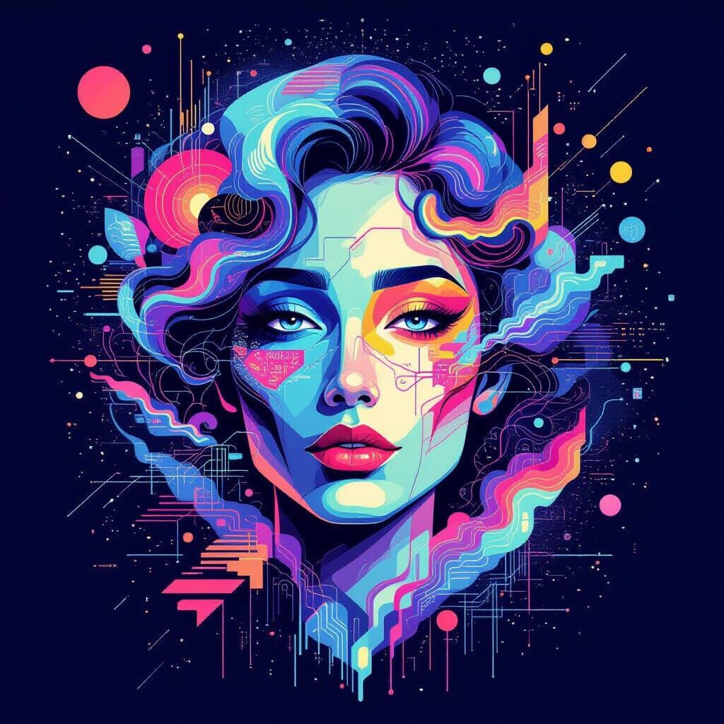 AI Language Model Collage Illustration with Cosmic Backgroun...