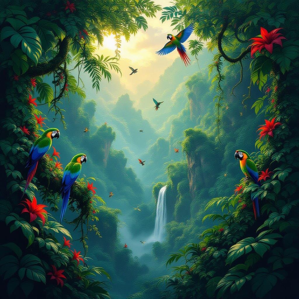 Vibrant Rainforest Canopy with Exotic Birds
