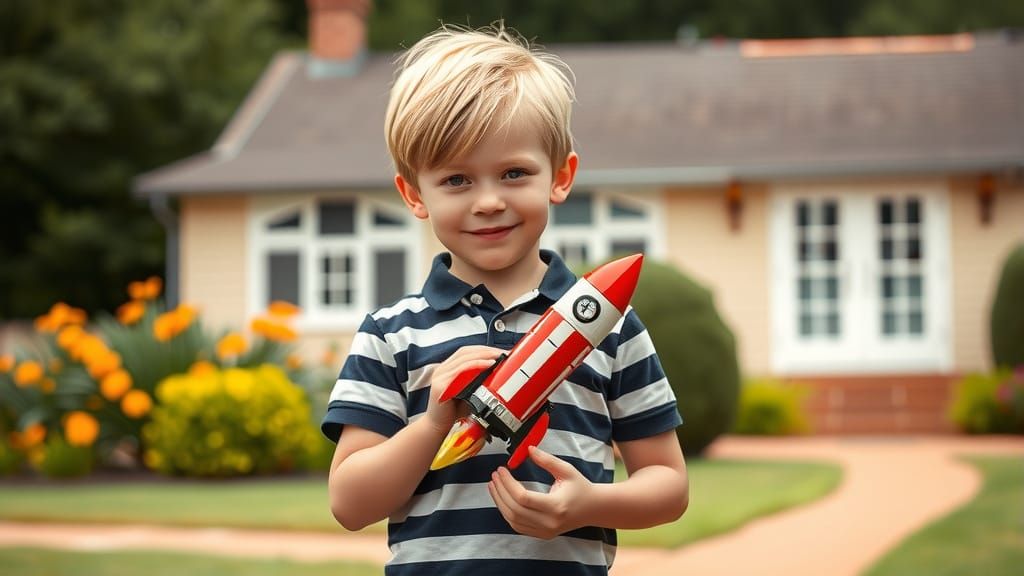 Boy with Lego Rocketship in Cinematic Style