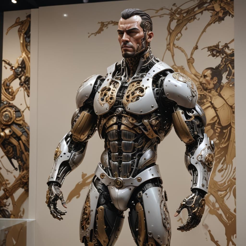 Hyperrealistic Automaton Bodybuilder in Exhibition Display